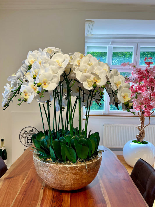 Künstliche Orchidee Weiß – 88 cm – Luxus Deko in Goldschale für Wohnzimmer, Empfang, Hotel & Praxis