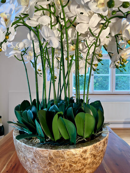 Künstliche Orchidee Weiß – 88 cm – Luxus Deko in Goldschale für Wohnzimmer, Empfang, Hotel & Praxis